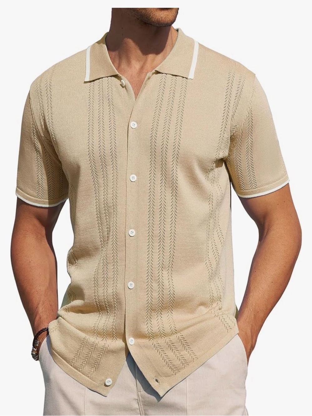 Men's Beige Short-Sleeve Knit Shirt - Casual Button-Down office  party 3XL. 1194